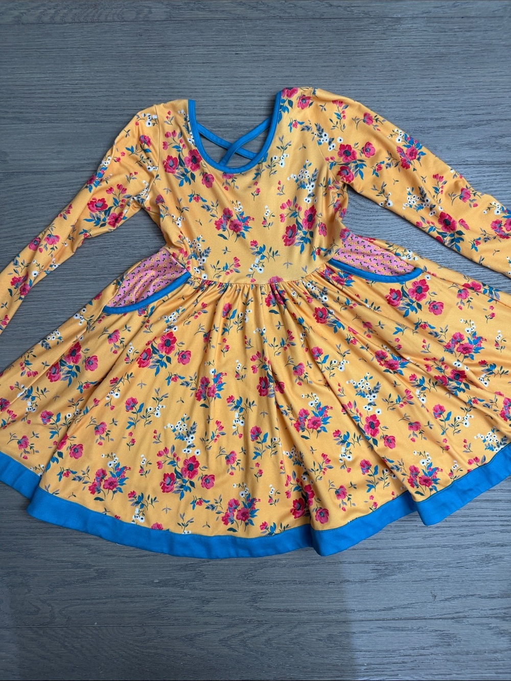 cheeky plum 5T Yellow Floral Twirl Dress with Blue Trim